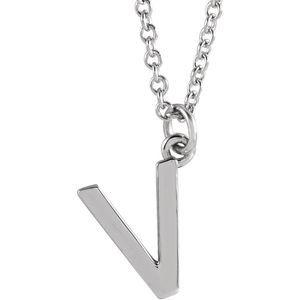Platinum 9.5mm Small Block Initial V Necklace, 18 Inch